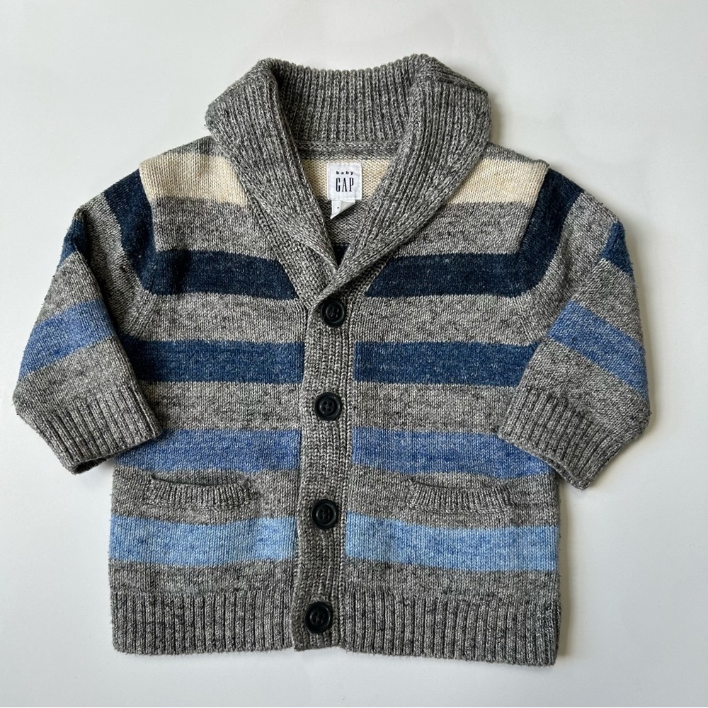 Baby Gap Gray And Blue Knit Striped Cardigan Sweater, Size 3-6 Months